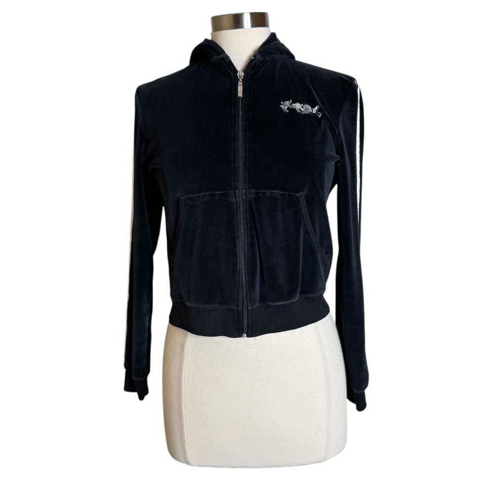 Hale Bob Vintage Y2K Velour Full Zip Dark Navy Jacket Women's Size Medium